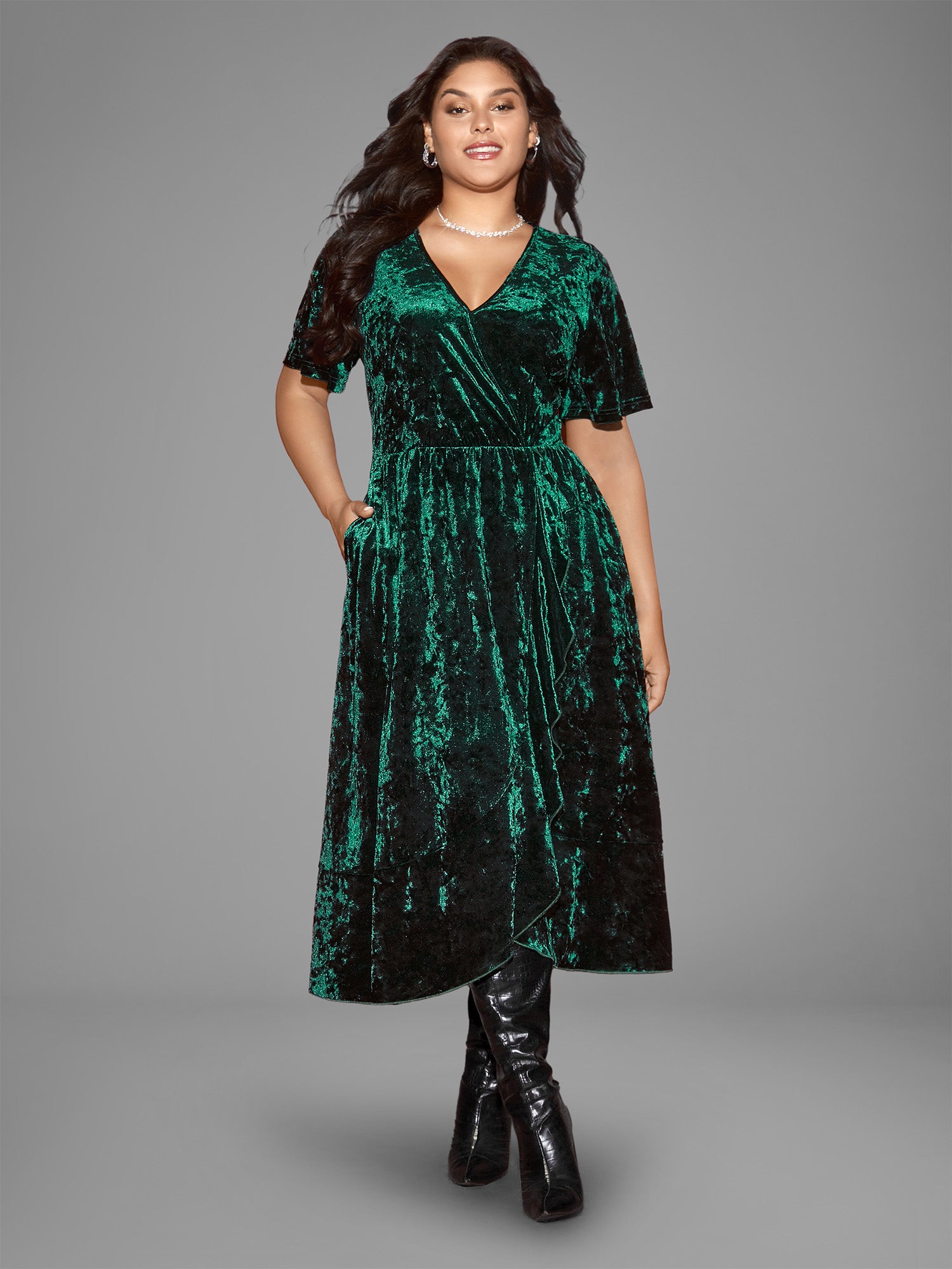 Velvet Surplice Neckline Ruffle Sleeves Midi Dress-Sweetccc