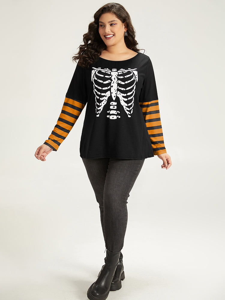 Halloween Striped & Skull Print Patchwork T-shirt-Sweetccc