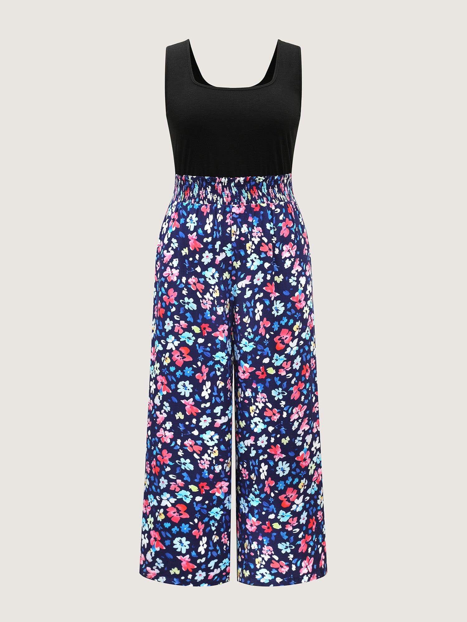 Floral Color Contrast Shirred Jumpsuit-Sweetccc