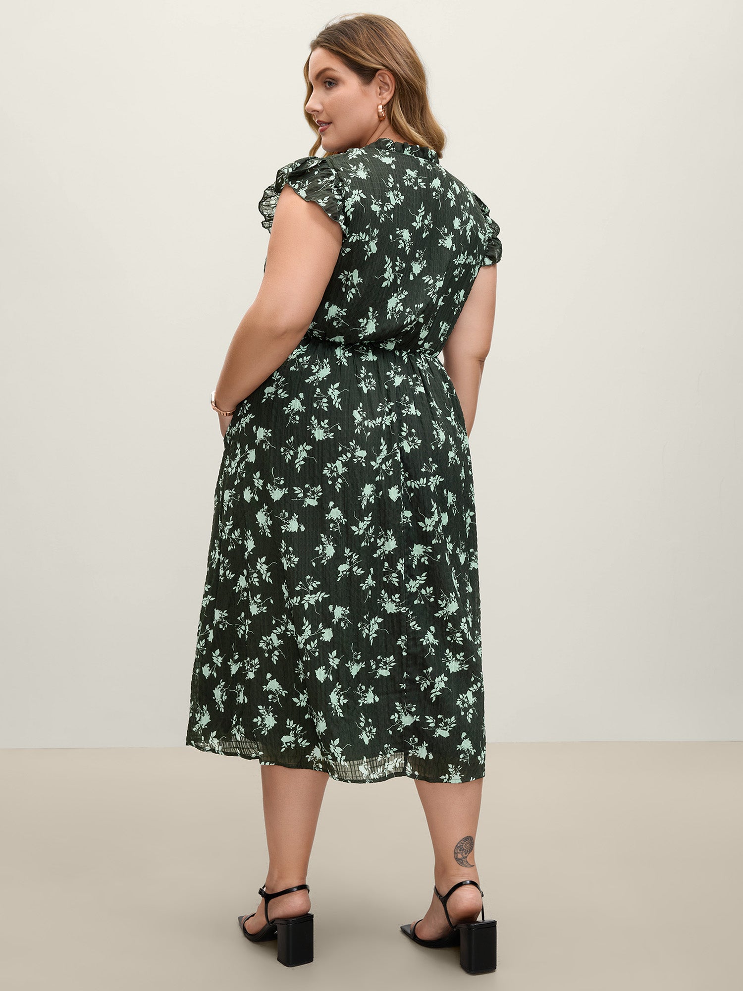 Textured Silhouette Flower Stretchy Collar Midi Dress-Sweetccc