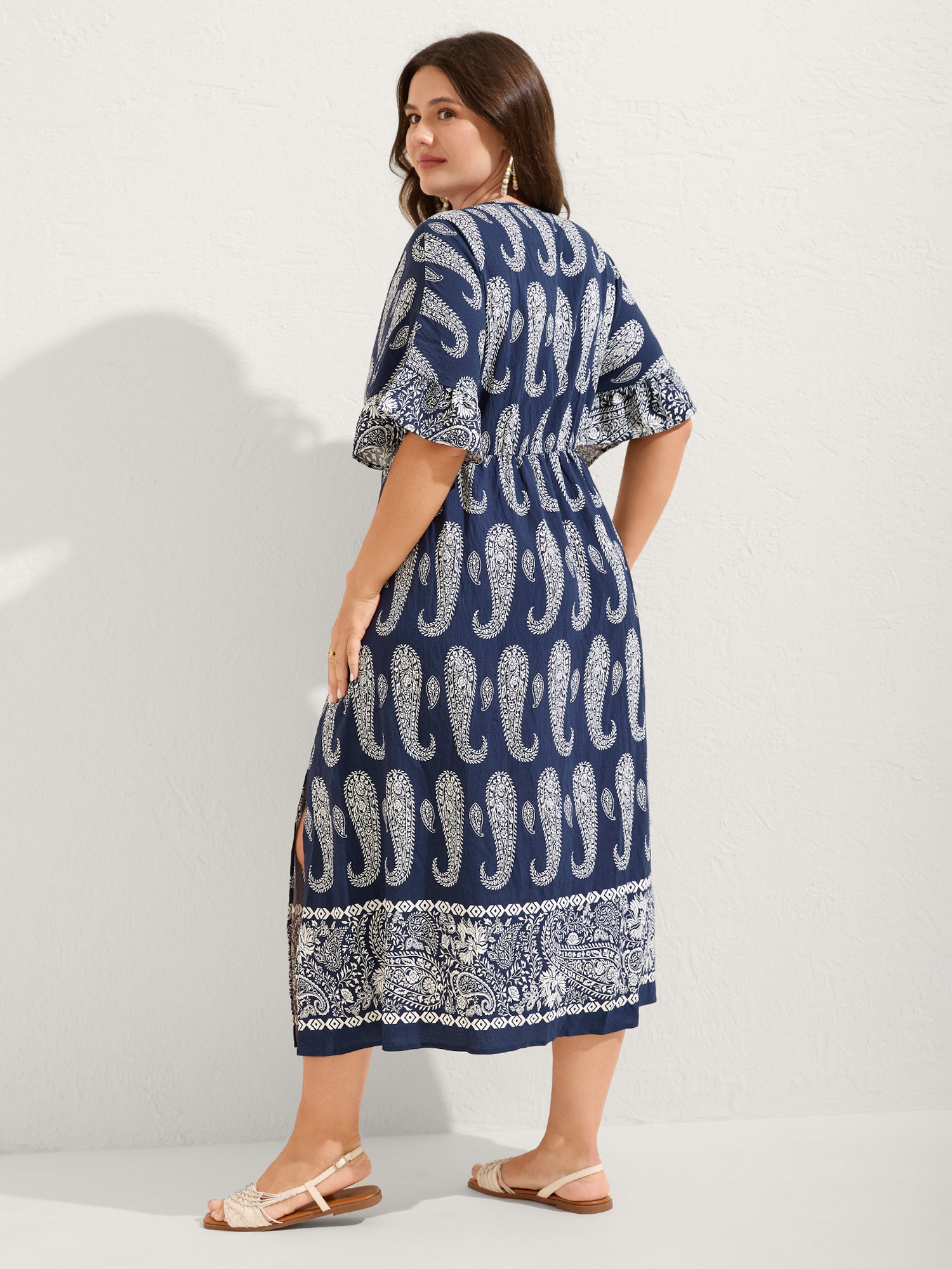 Paisley Print Dolman Ruffled Sleeve Midi Dress-Sweetccc