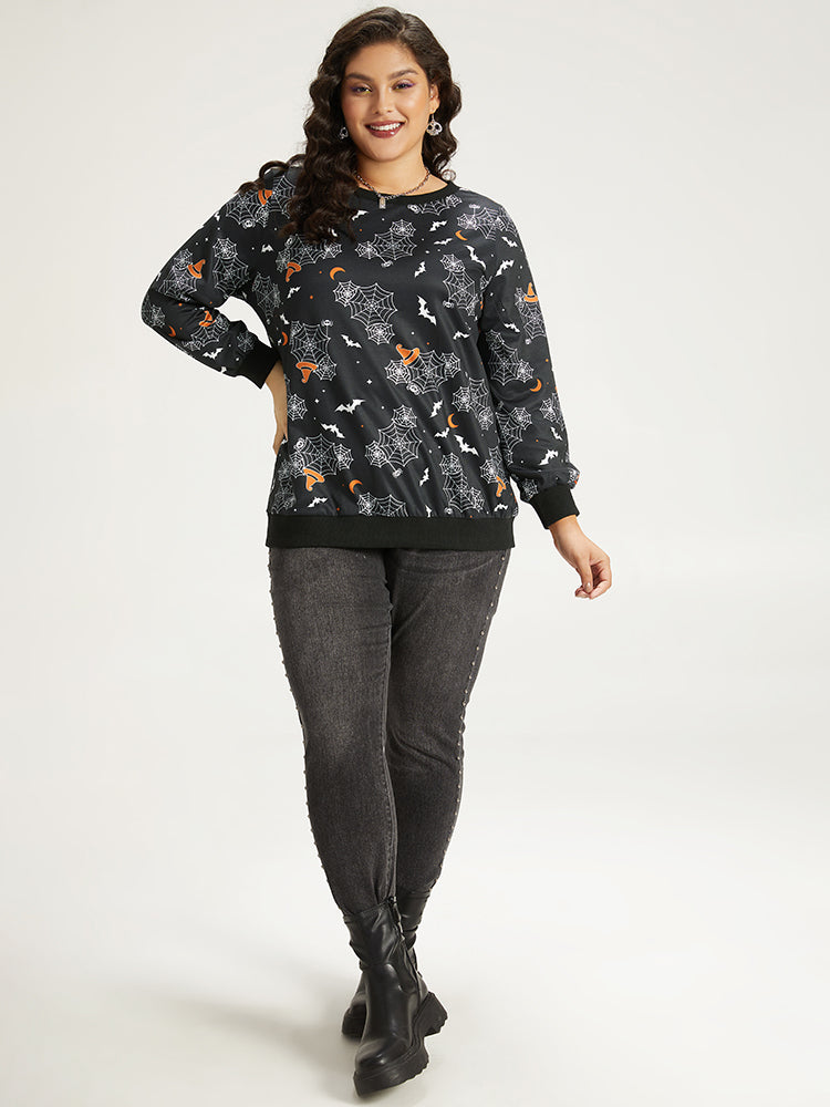Halloween Print Elastic Cuffs Round Neck Sweatshirt-Sweetccc