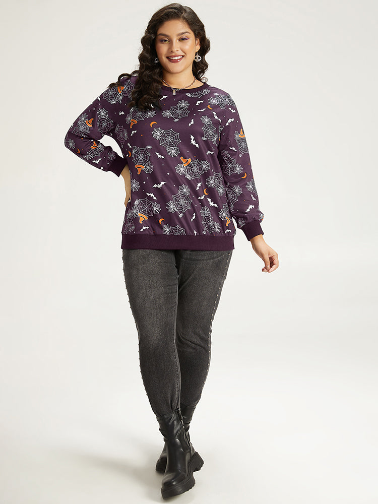 Halloween Print Elastic Cuffs Round Neck Sweatshirt-Sweetccc