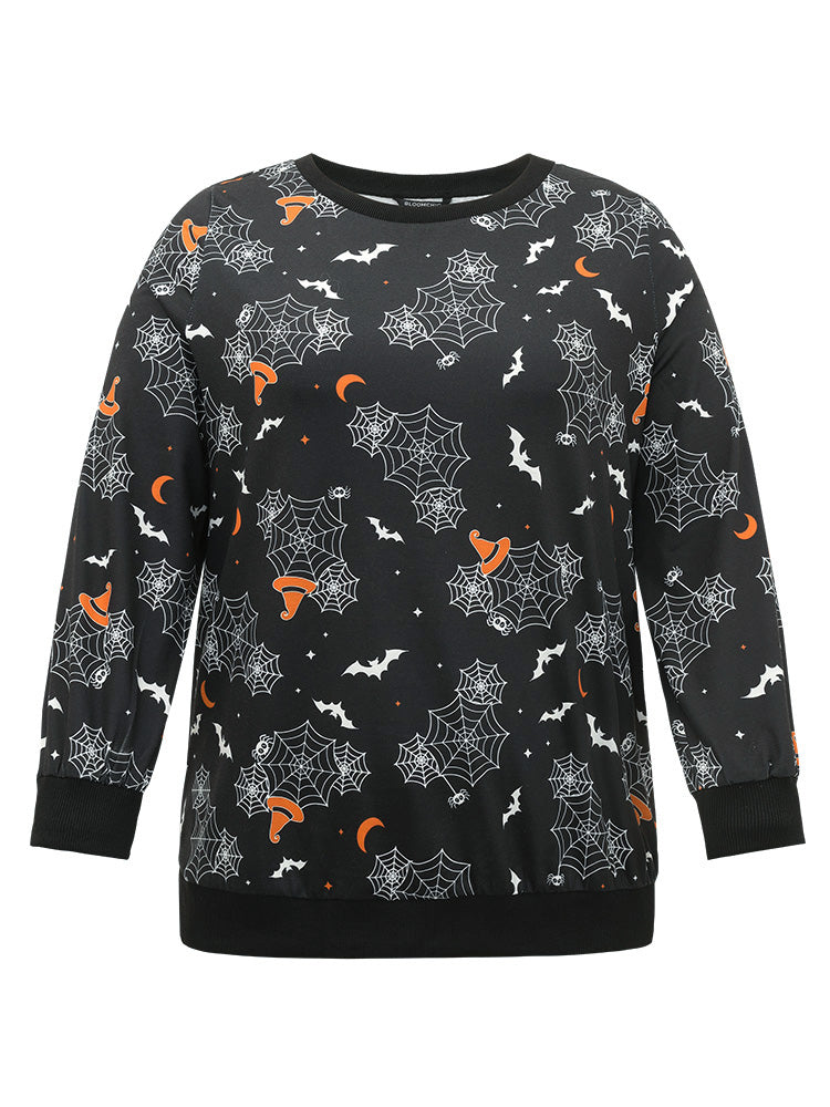 Halloween Print Elastic Cuffs Round Neck Sweatshirt-Sweetccc