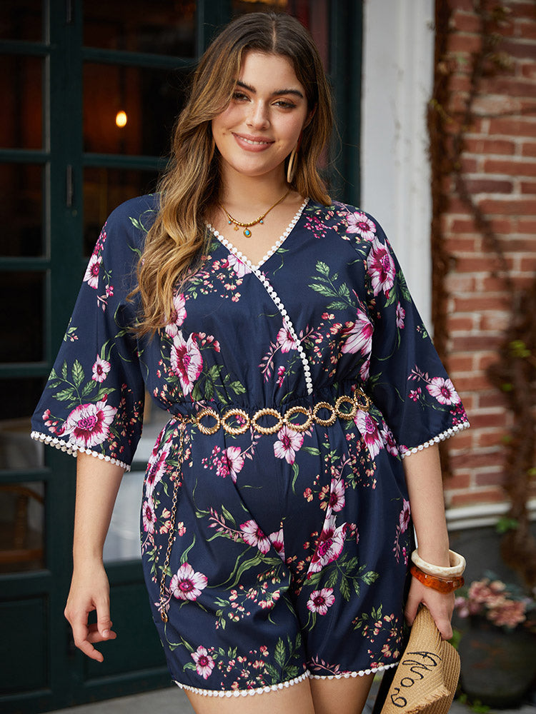 Floral Print Overlap Collar Contrast Trim Pocket Jumpsuit-Sweetccc