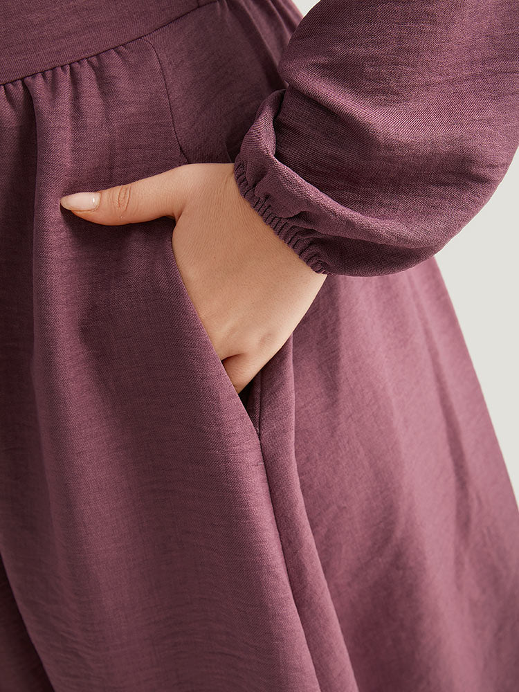 Twill Gathered Button Detail Lantern Sleeve Dress-Sweetccc