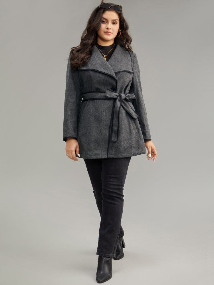 Lapel Collar Contrast Trim Belted Button Up Coat-Sweetccc