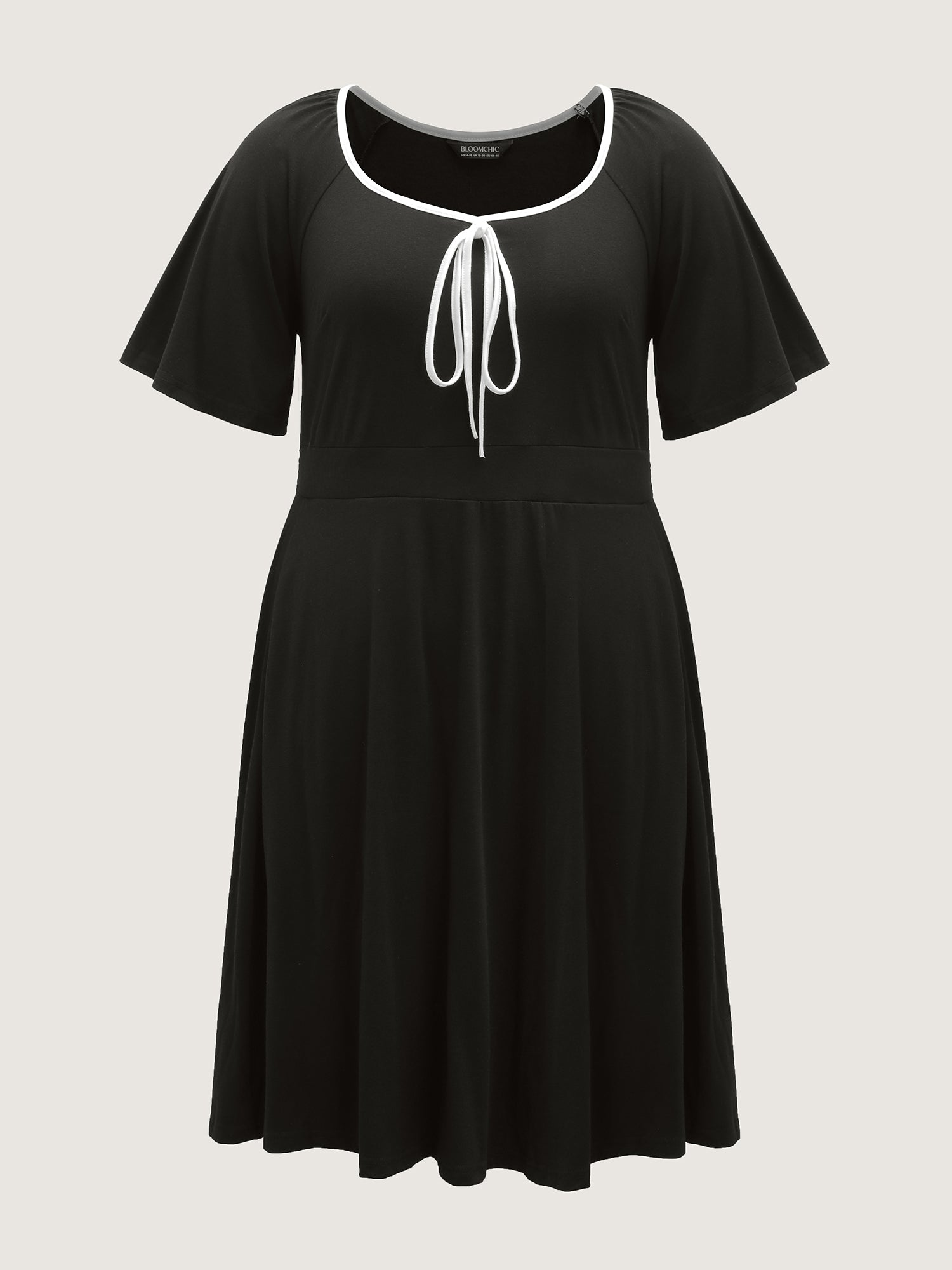 Neck Bow-Tie Contrast Pockets Midi Dress-Sweetccc