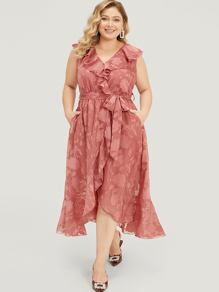 Floral Print Ruffle Trim Wrap Belted  Asymmetrical Tank Dress-Sweetccc