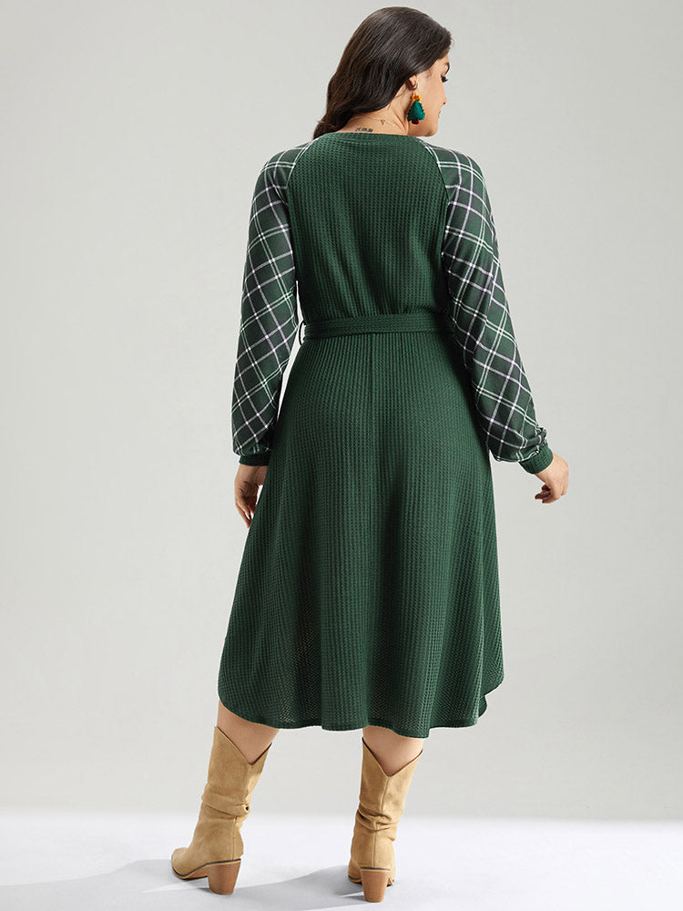 Waffle Knit Plaid Patchwork Belted Dress-Sweetccc