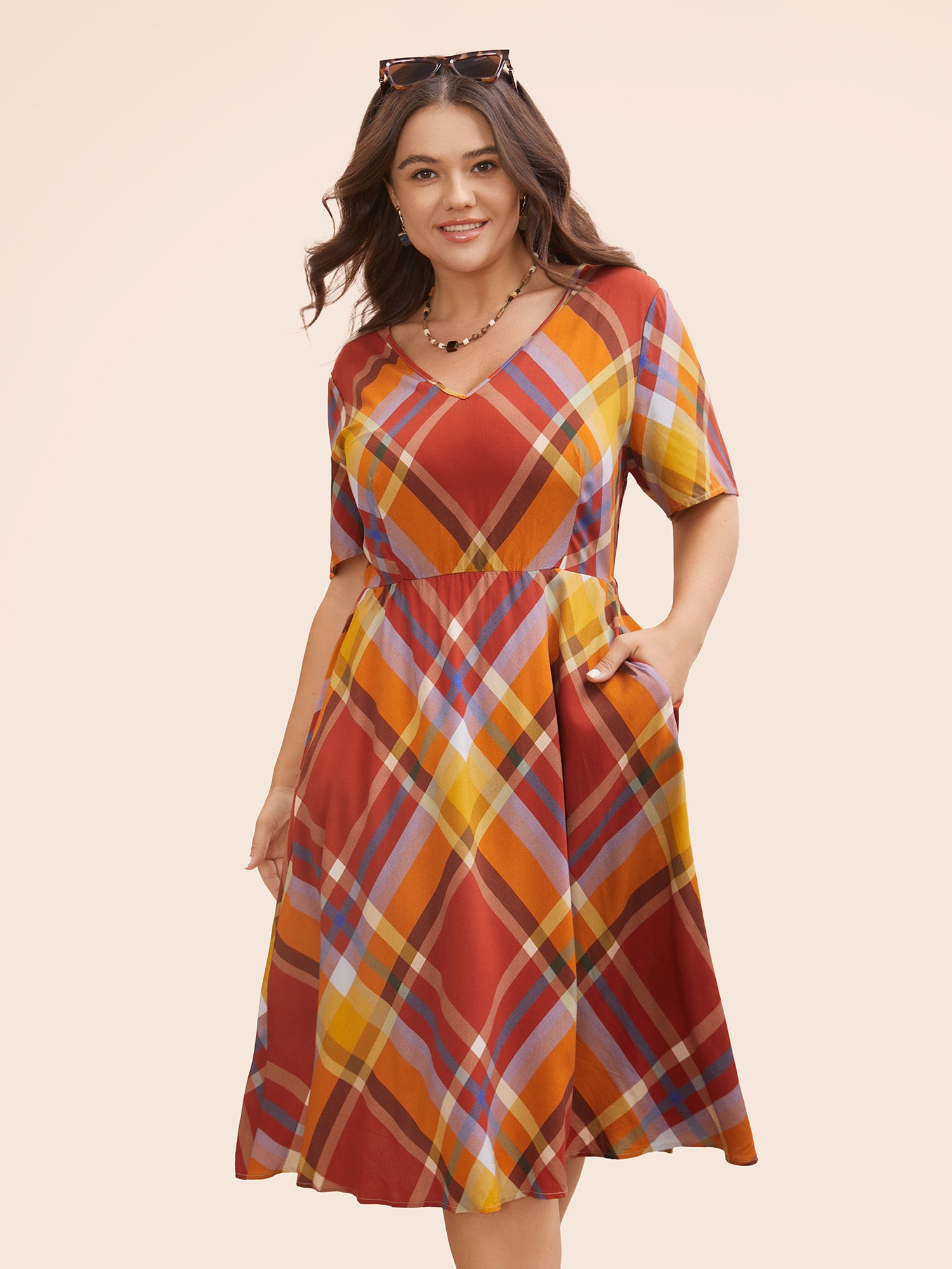 V Neck Plaid Ruffle Sleeve Dress-Sweetccc