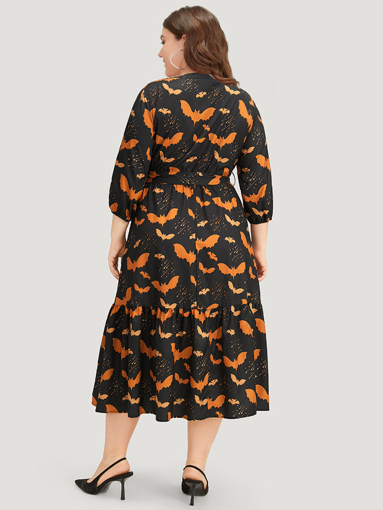 Halloween Bat Print Notched Belted Pocket Dress-Sweetccc