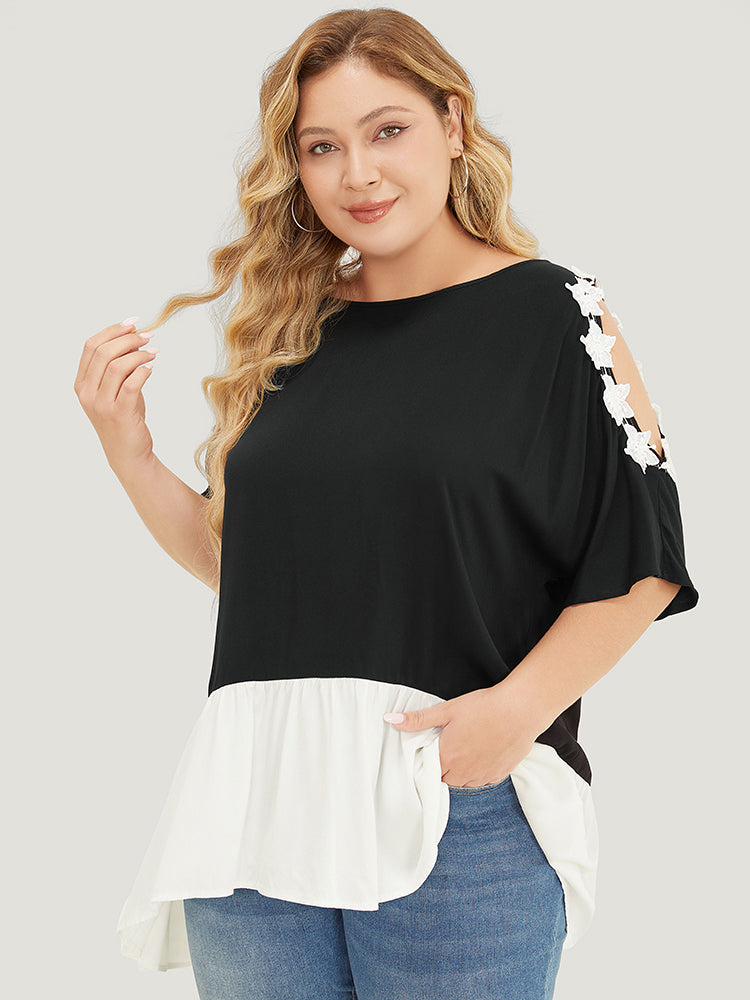 Floral Appliques Patchwork Asymmetrical Hem Cold Shoulder Blouse-Sweetccc