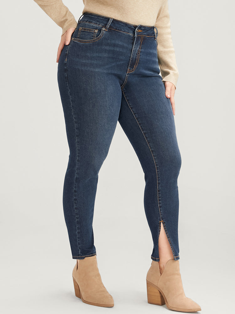 Mom Jeans Skinny Moderately Stretchy High Rise Medium Wash Split Jeans-Sweetccc