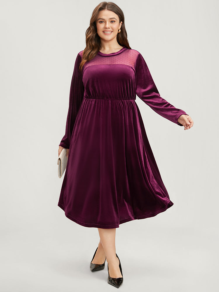 Solid Mesh Patchwork Pocket Velvet Arc Hem Dress-Sweetccc