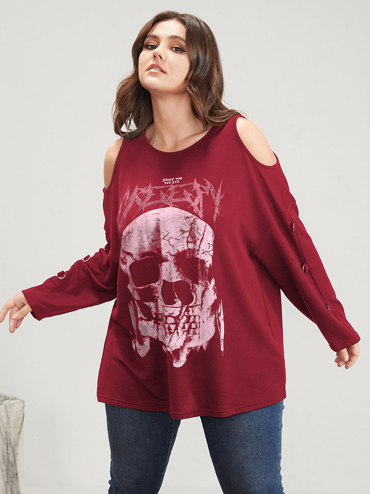 Halloween Skull Print Cold Shoulder Sweatshirt-Sweetccc