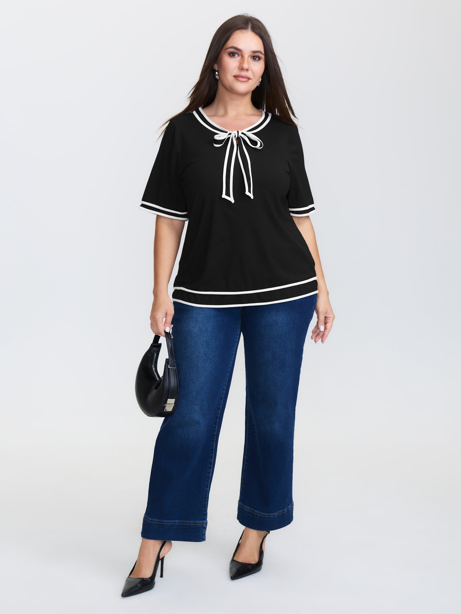 Supersoft Sailor Neck-Tie Contrast Knit Top-Sweetccc