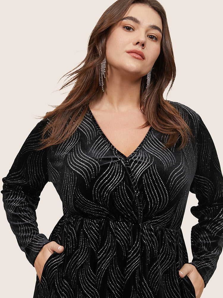 Velvet Rhinestone Pocket Overlap Collar Dress-Sweetccc