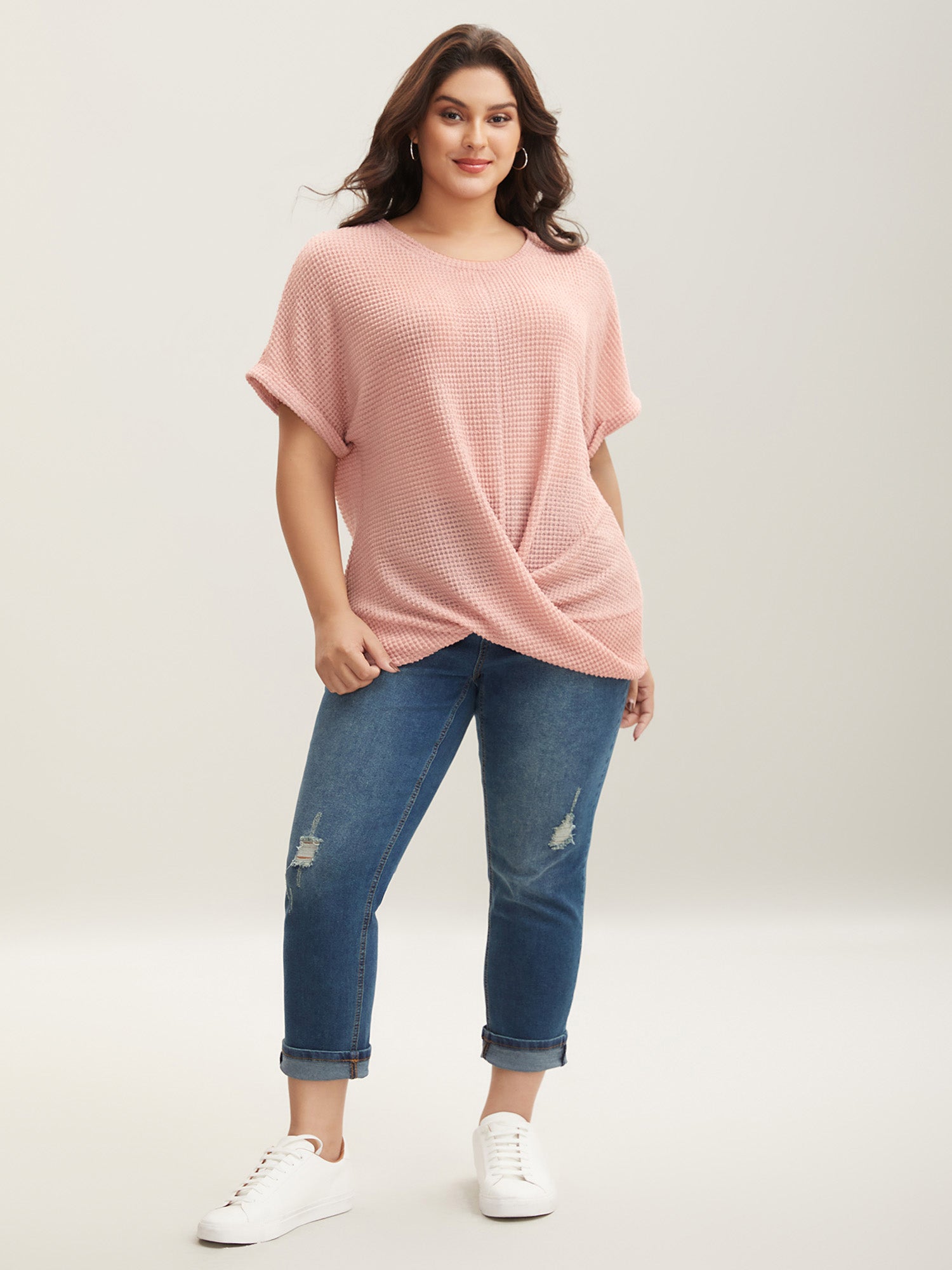 Stretchy Hem Twist Textured Plain T-Shirt-Sweetccc