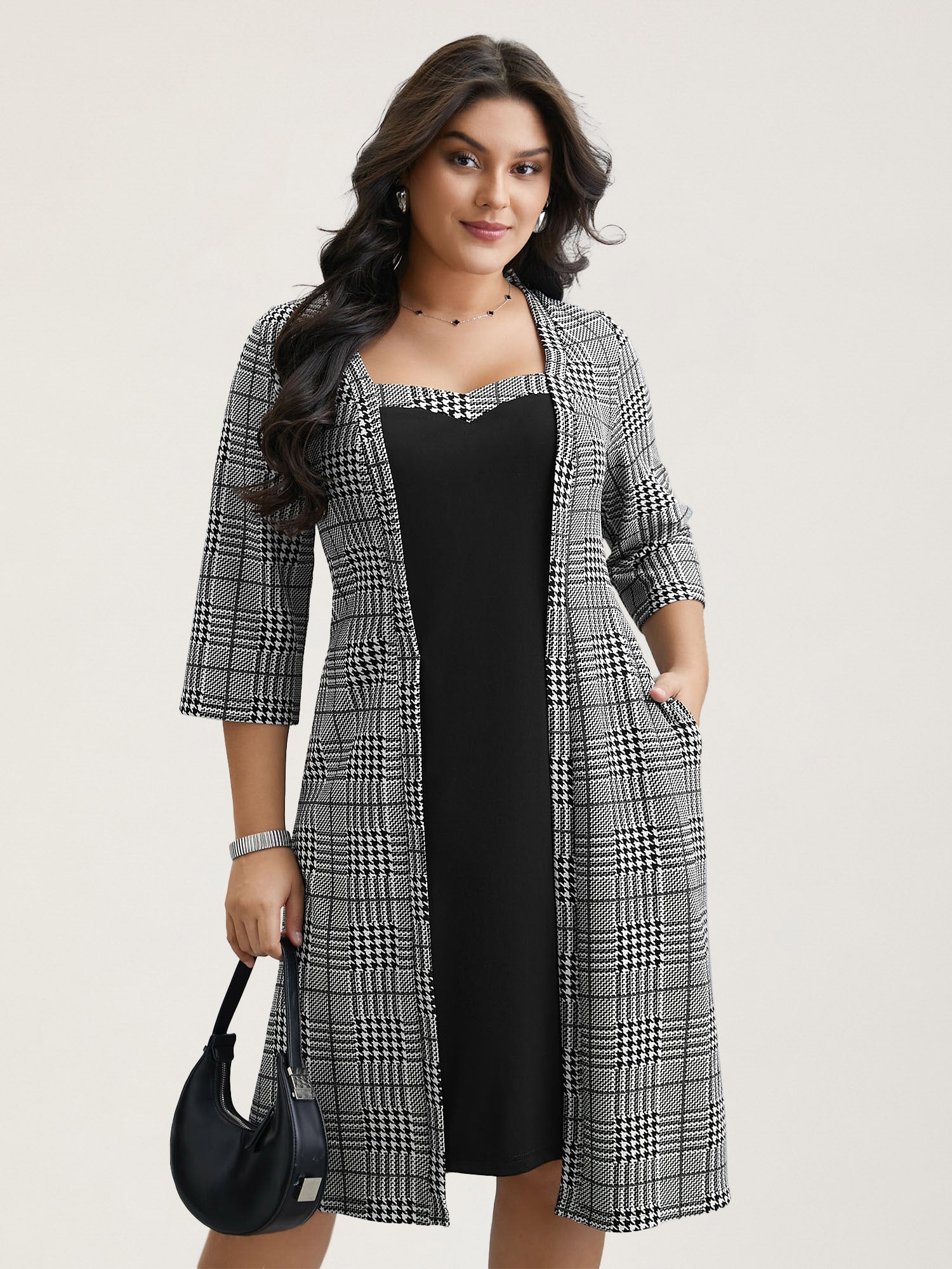 Houndstooth Print Waist-Cinched Patchwork Midi Dress-Sweetccc