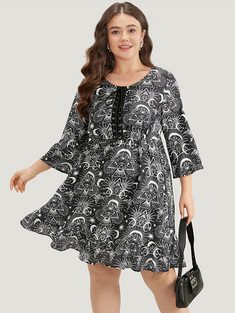 Halloween Moon & Star Lace Up Pocket Bell Sleeve Dress-Sweetccc