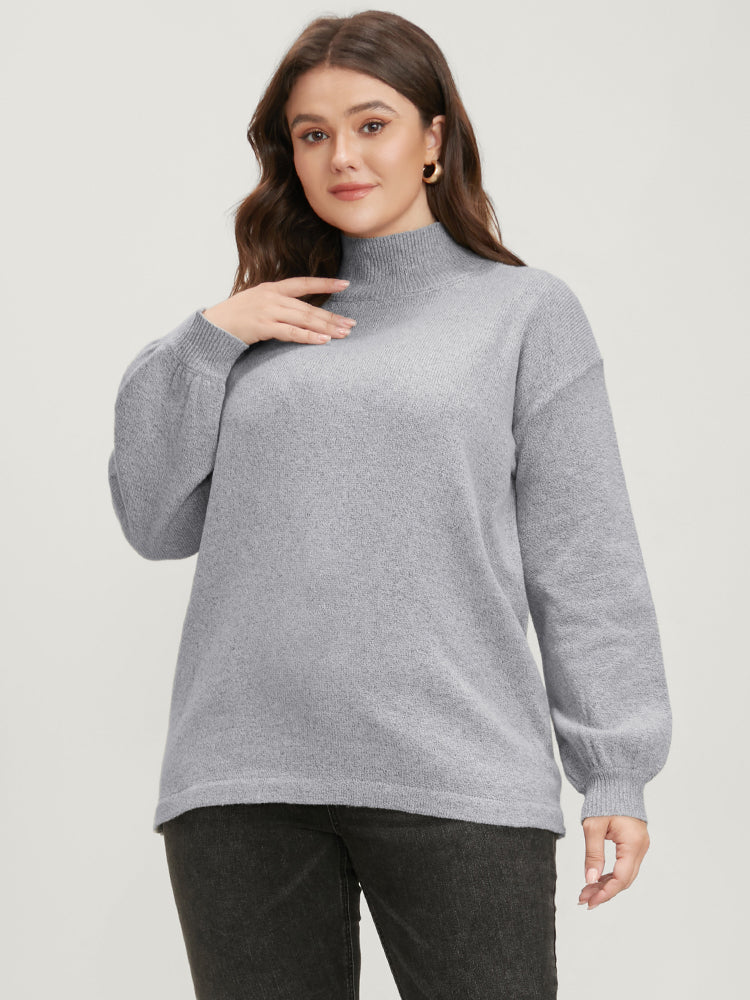 Solid Pointelle Knit Lantern Sleeve Mock Neck Heather Knit Top-Sweetccc