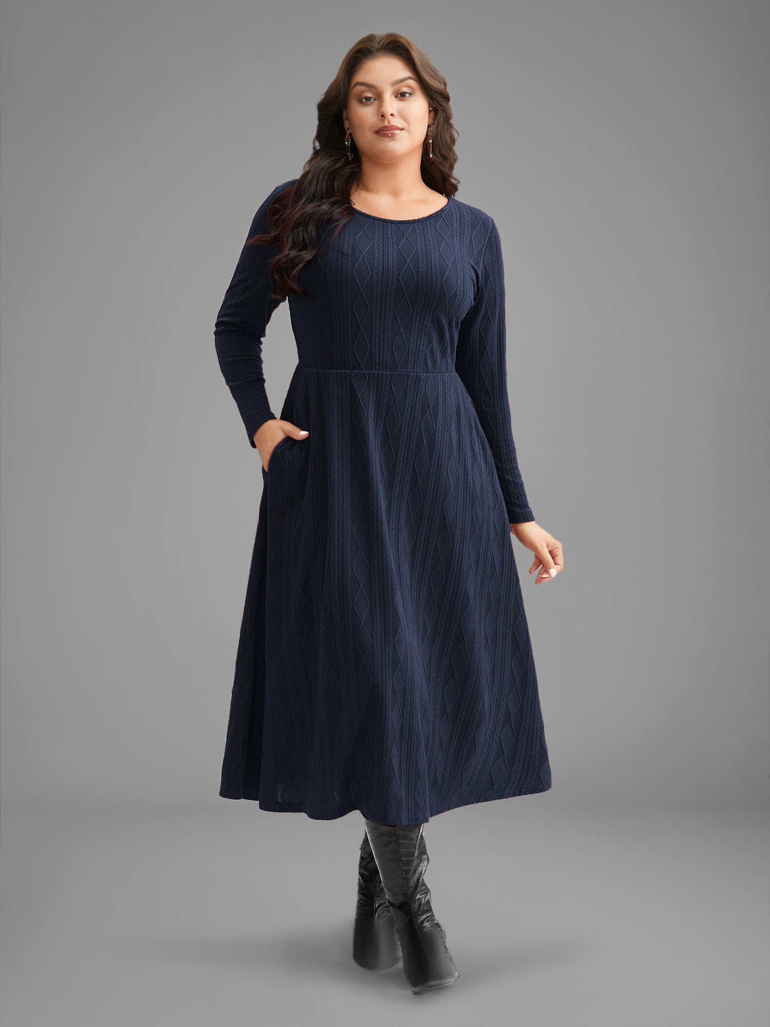 Textured Knit Fit-And-Flare Midi Dress-Sweetccc