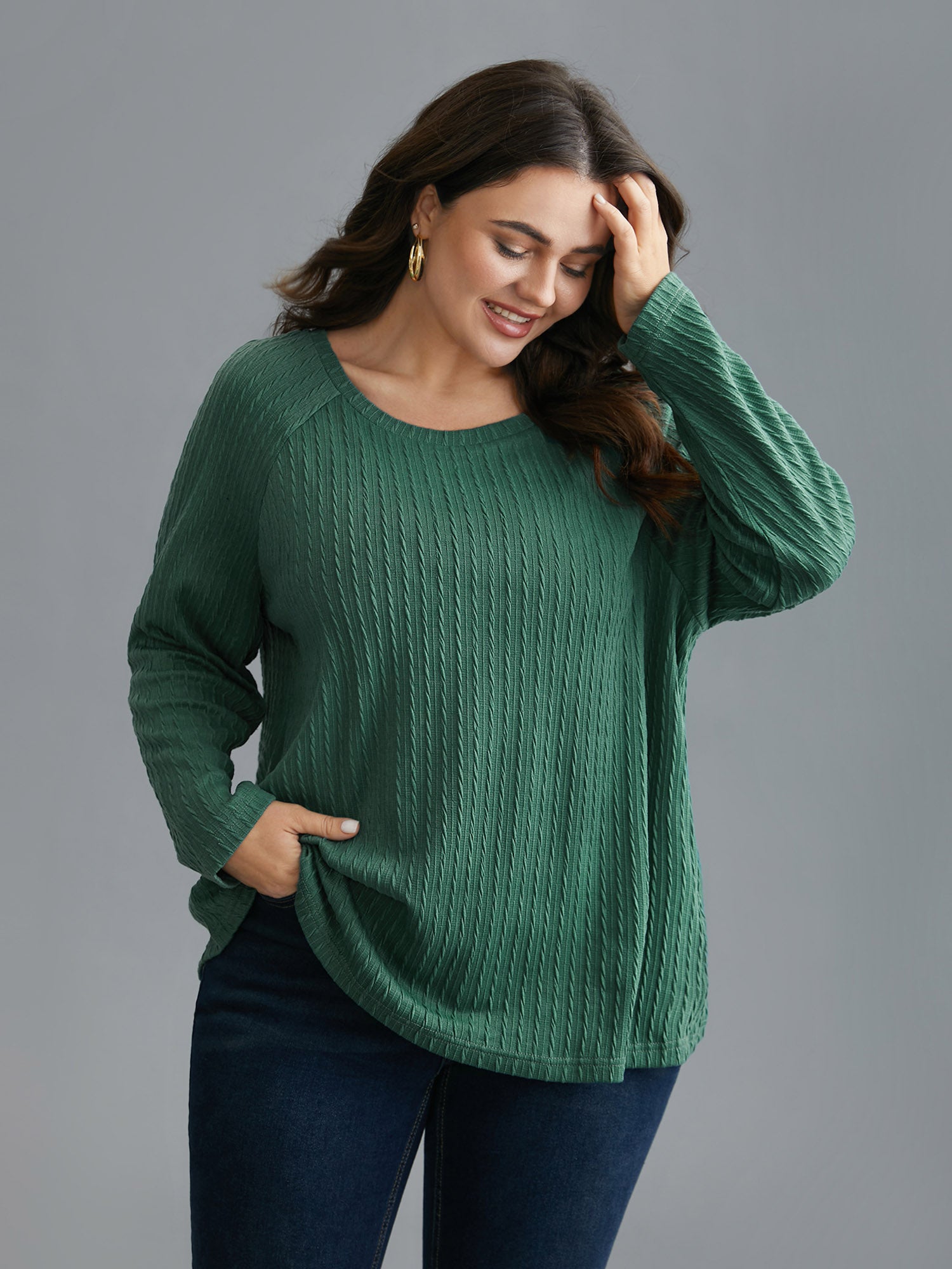 Textured Elastic Raglan Sleeves T-shirt-Sweetccc