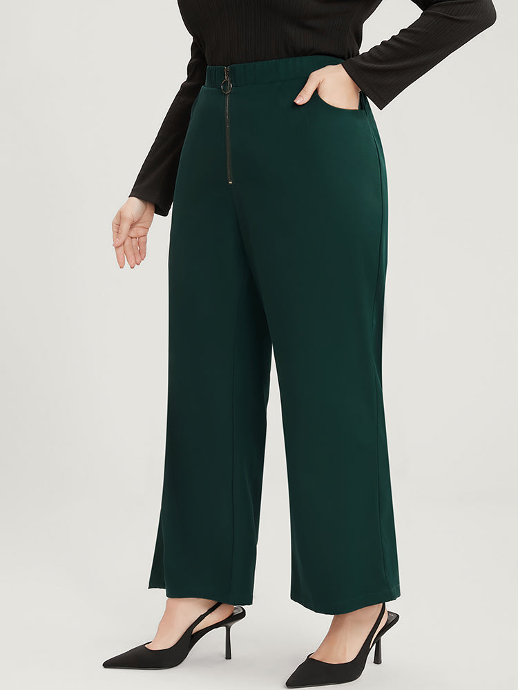 Solid O Ring Zipper Pocket Elastic Waist Wide Leg Pants-Sweetccc