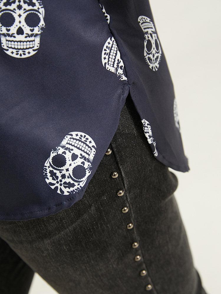 Halloween Skull Print Notched Tab Sleeve Blouse-Sweetccc
