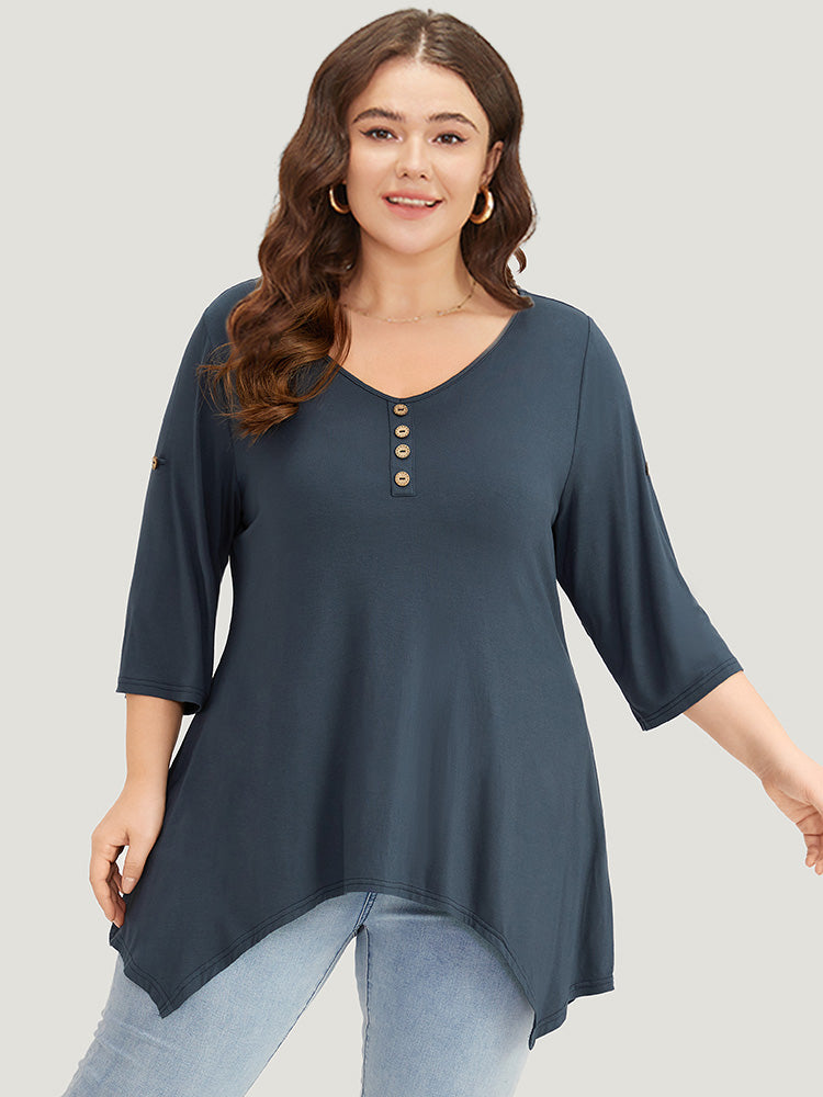 Supersoft Essentials Asymmetrical Hem Roll Sleeve Button Detail T-shirt-Sweetccc