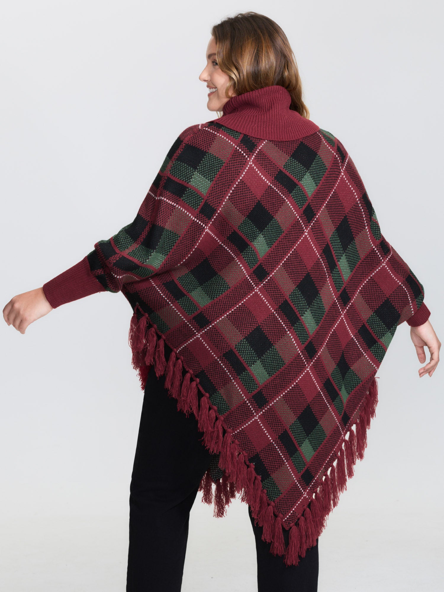 Holiday Plaid Turtleneck Fringe Hem Pullover-Sweetccc