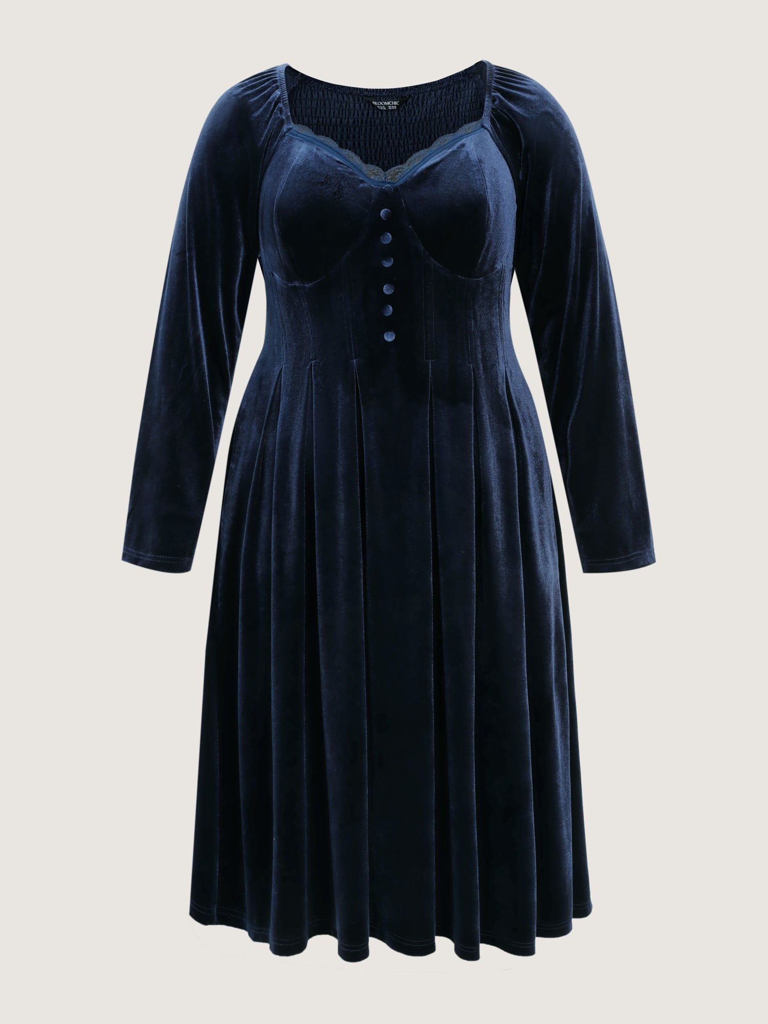 Velvet Lace Trim Stitch Shirred Midi Dress-Sweetccc