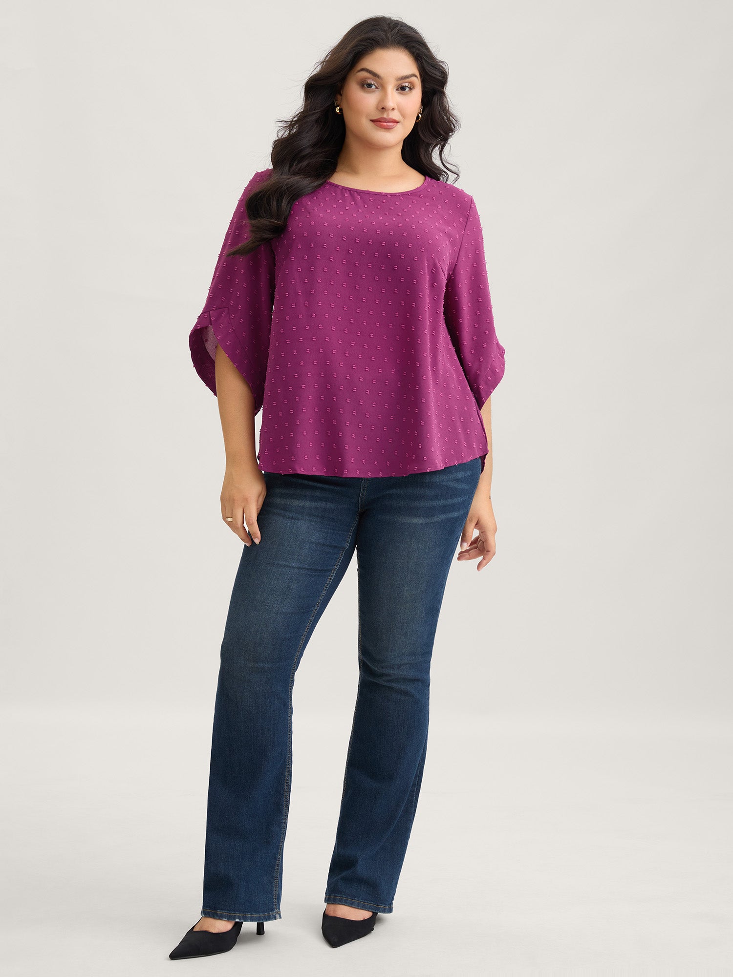 Textured Round Neck Bell Sleeve Blouse-Sweetccc
