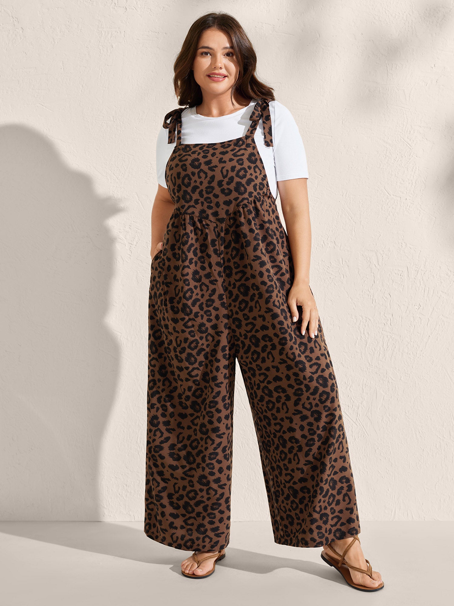 Leopard Print Shirred Shoulder Ties Jumpsuit-Sweetccc