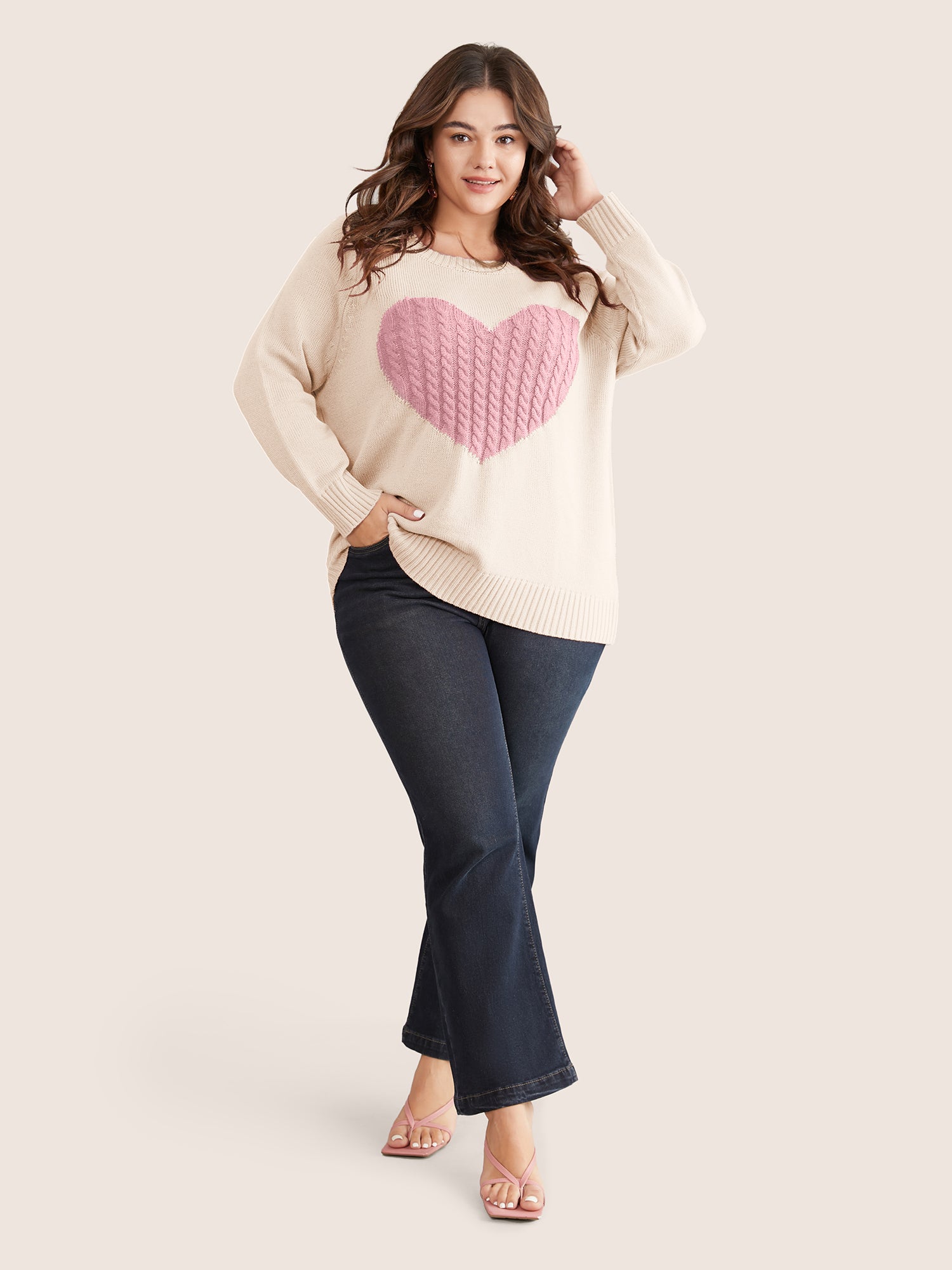 Heart Cable Knit Two Tone Raglan Sleeve Pullover-Sweetccc