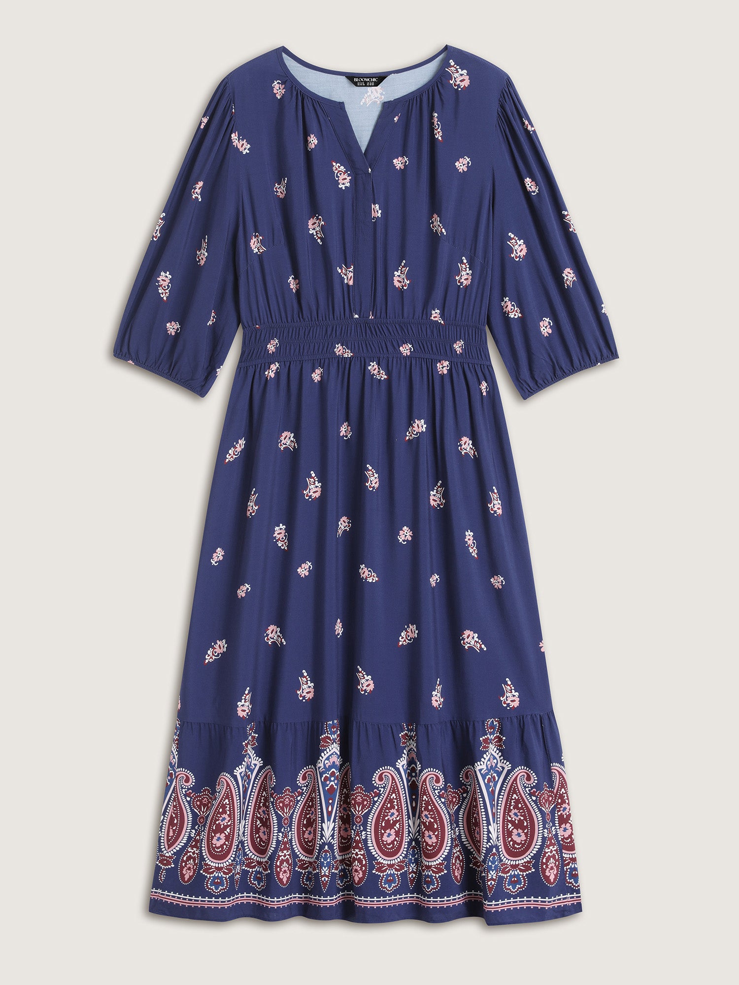 Paisley Print Shirred Waist Midi Dress-Sweetccc
