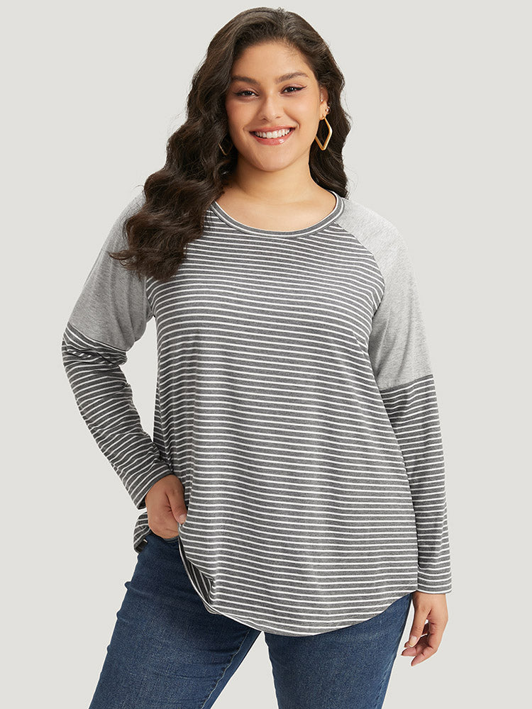 Striped Patchwork Crew Neck Raglan Sleeve T-shirt-Sweetccc