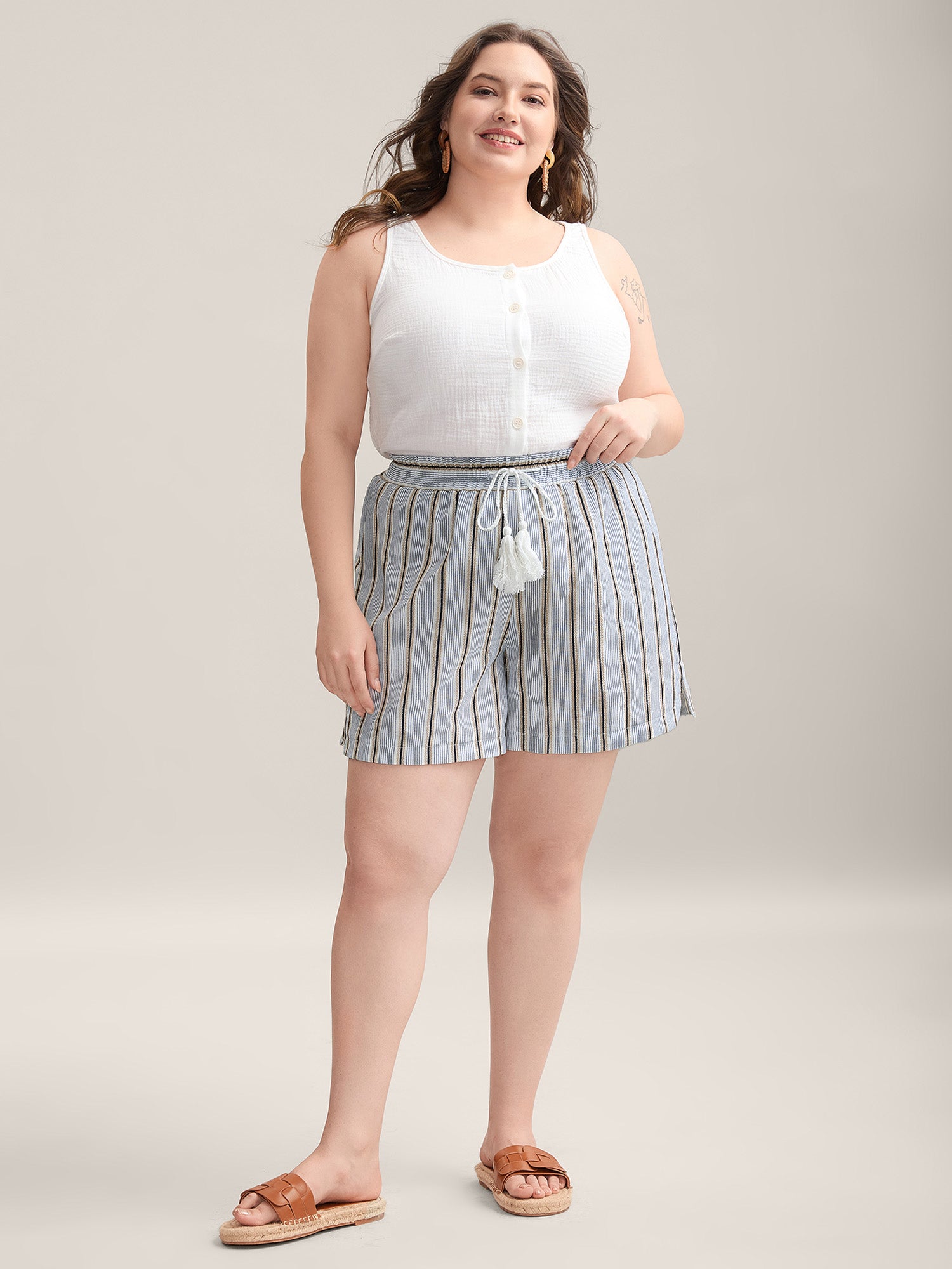 Stripes Tassels Straight-Leg Shorts-Sweetccc