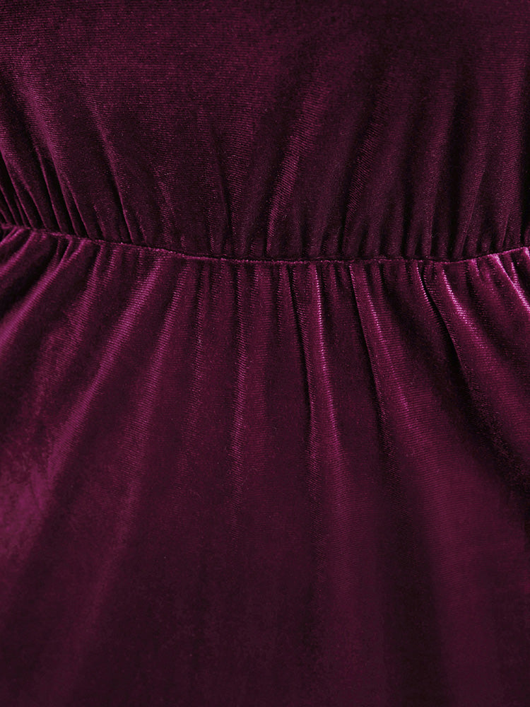 Solid Mesh Patchwork Pocket Velvet Arc Hem Dress-Sweetccc