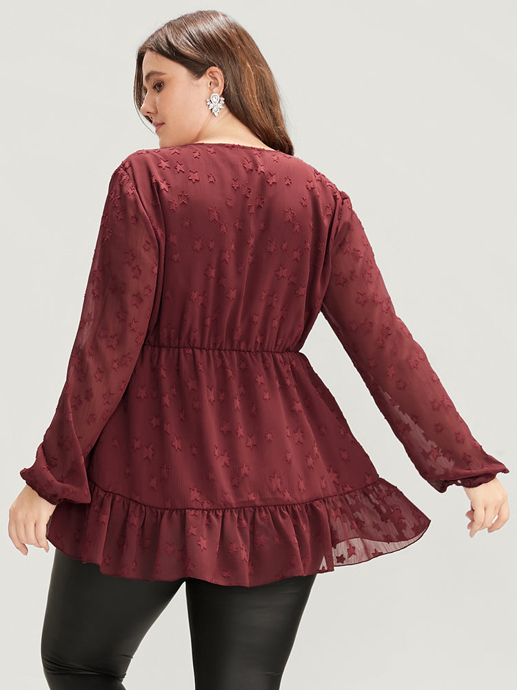 Star Mesh Lantern Sleeve Surplice Neck Ruffle Hem Blouse-Sweetccc