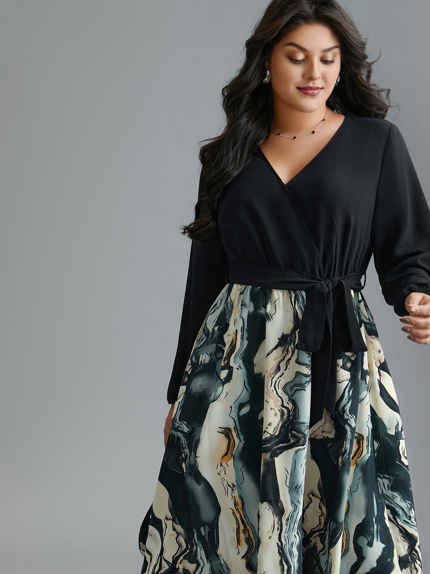 Surplice Neck Marble Print Belted Dress-Sweetccc