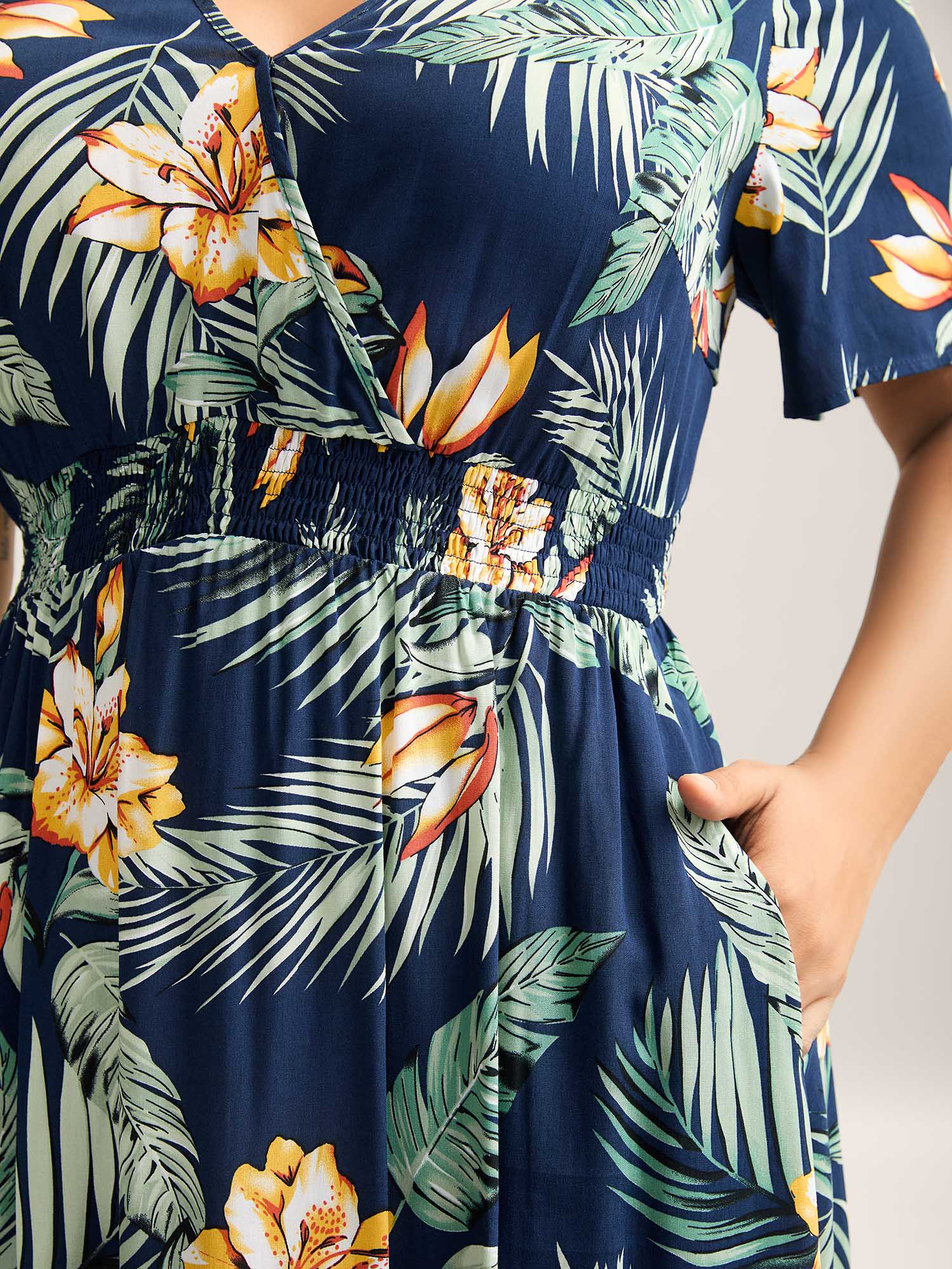 Tropical Floral Print Shirred Waist Midi Dress-Sweetccc