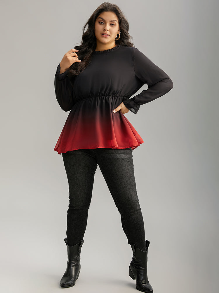 Ombre Contrast Frill Trim Ruffle Hem Blouse-Sweetccc