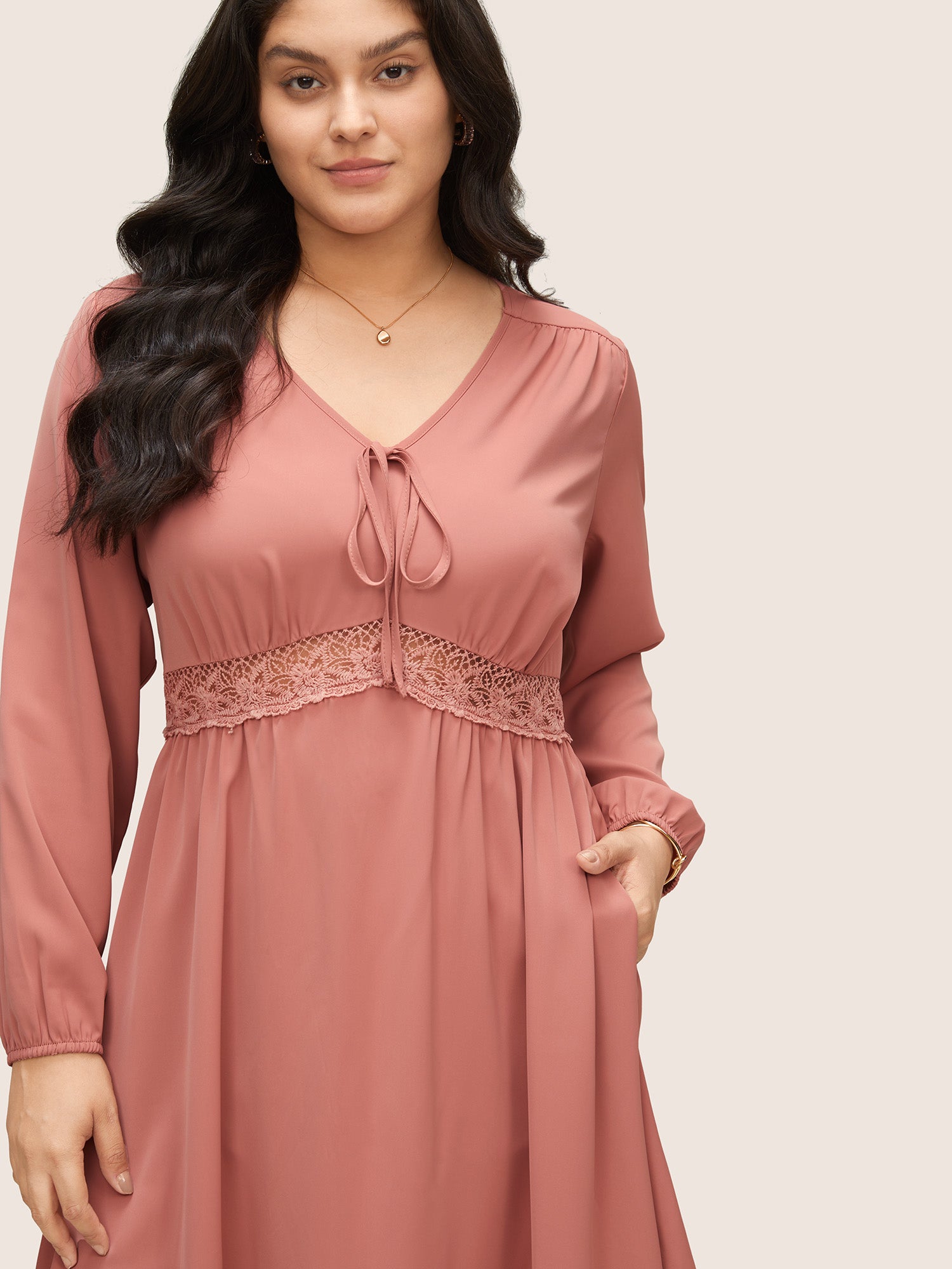 Lace Insert Pocket Bowknot Hollow Out Dress-Sweetccc