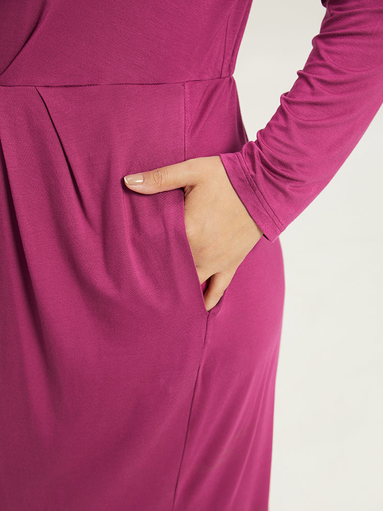 Solid Pocket V Neck Plicated Detail Dress-Sweetccc