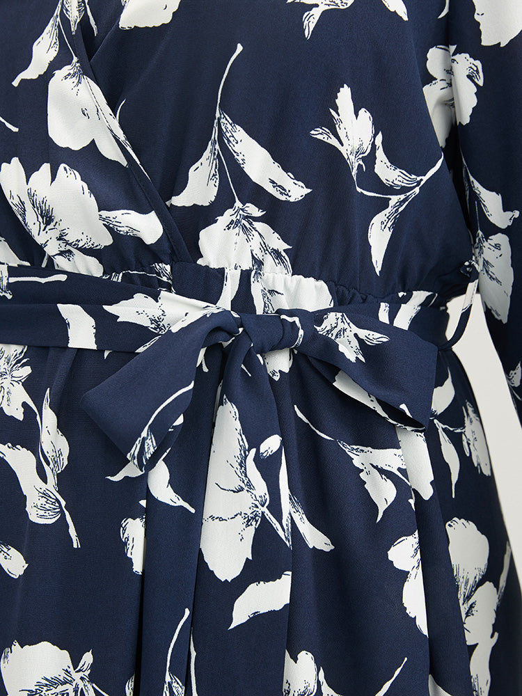 Floral Pocket Surplice Neck Belted Midi Dress-Sweetccc