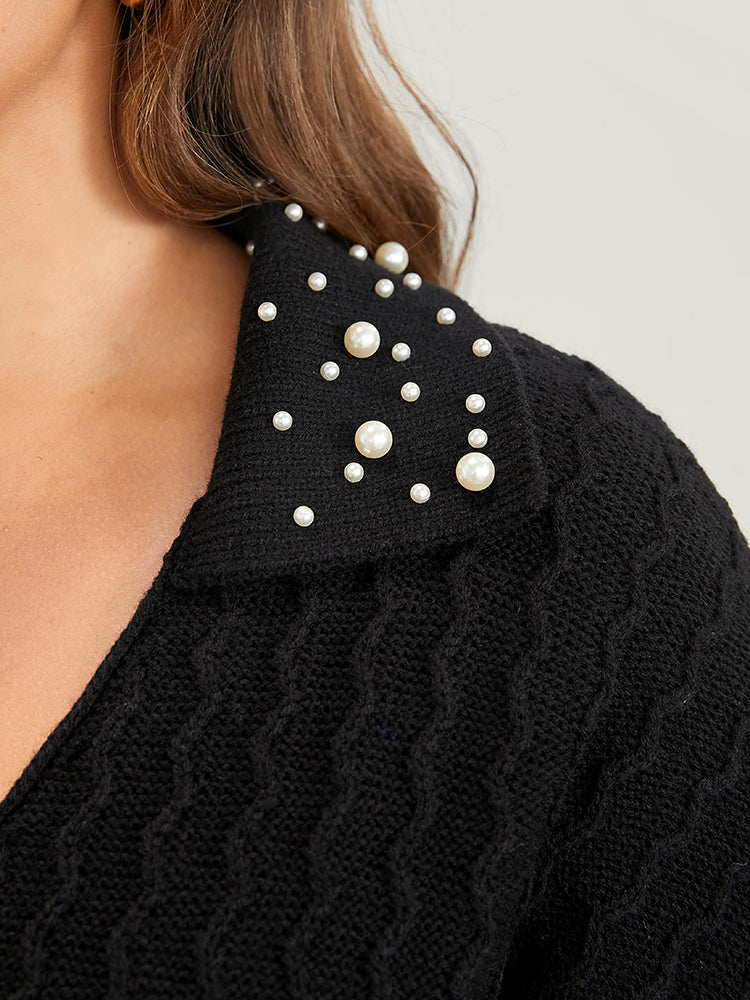 Solid Pointelle Knit Pearls Beaded Collar Neck Knit Top-Sweetccc