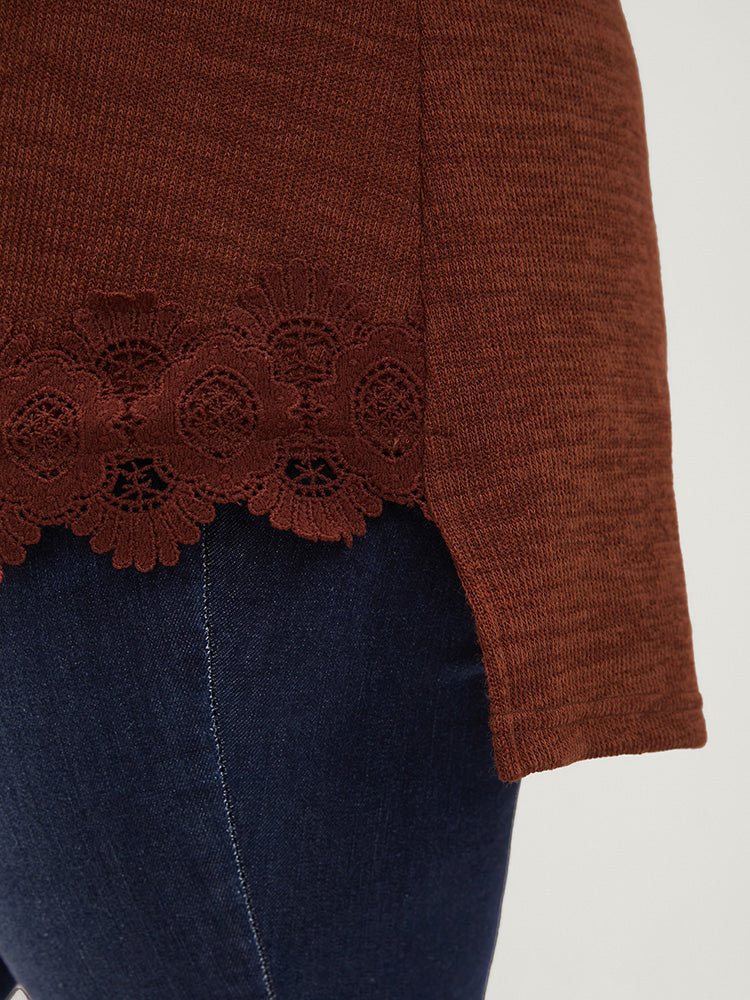 Solid Lace Asymmetrical Hem Funnel Neck Sweatshirt-Sweetccc