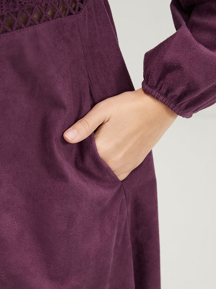 Solid Lantern Sleeve Pocket Crochet Lace Dress-Sweetccc